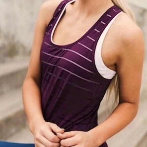 Athleta Max Out Chi Burgundy Sheer Stripe Side Tie Tank Top - Picture 2 of 11